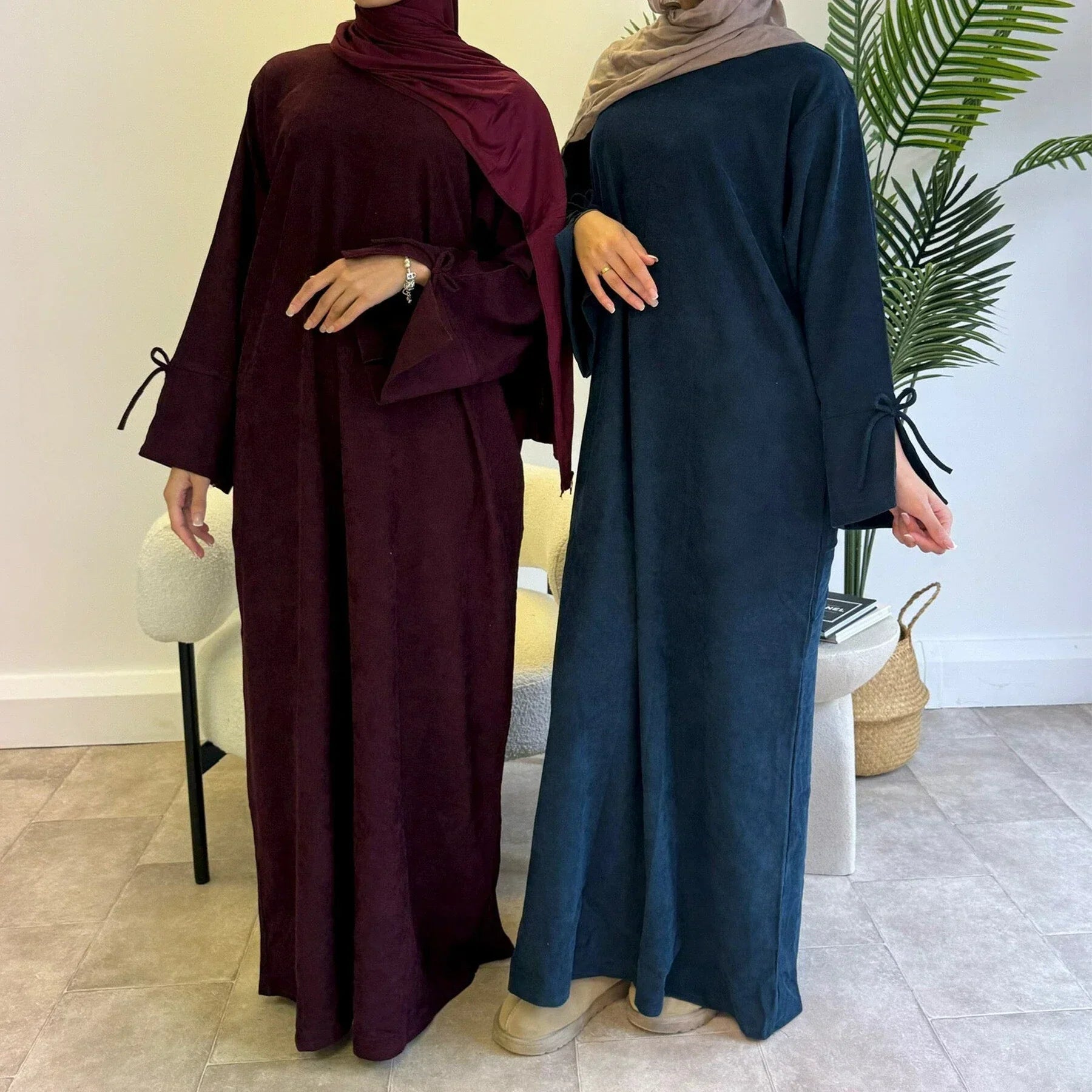 MH71 Muslim Women Corduroy Winter Abaya – Warm Modest Maxi with Pockets