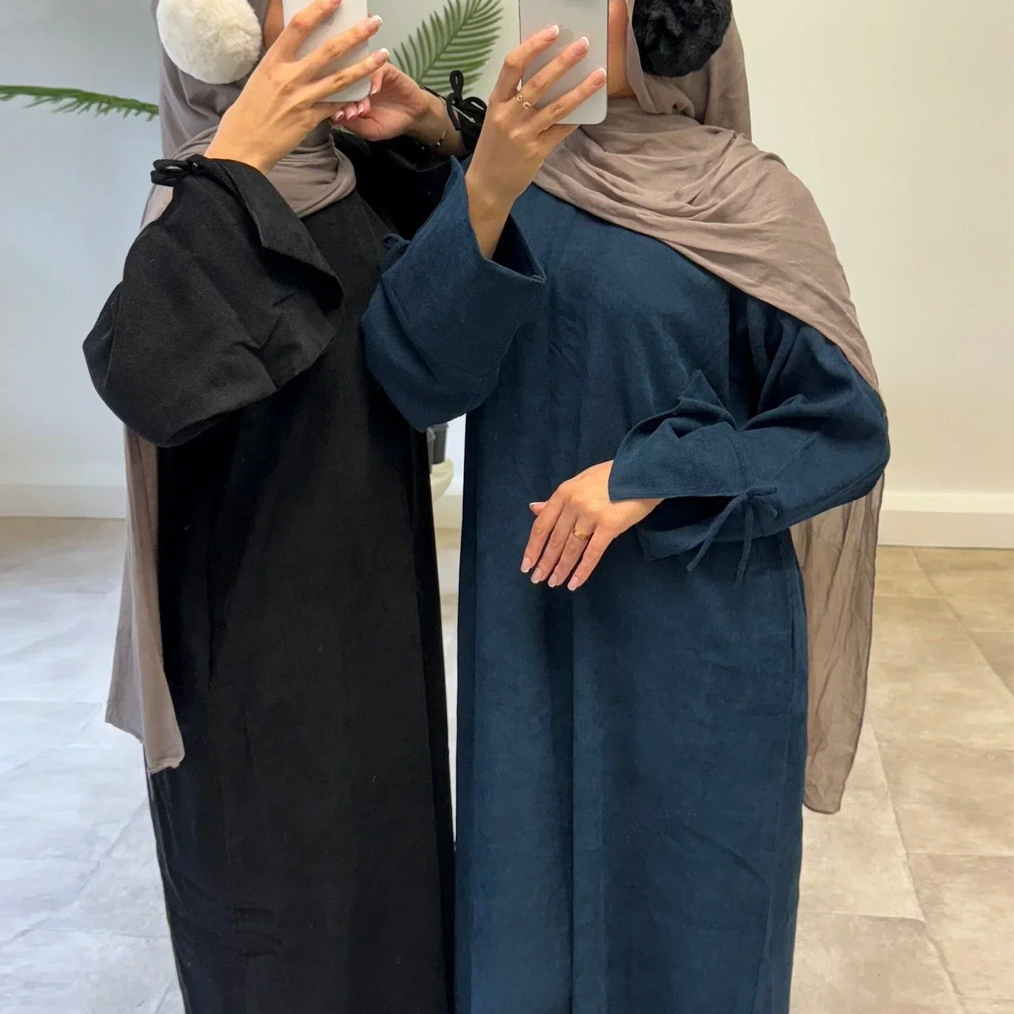 MH71 Muslim Women Corduroy Winter Abaya – Warm Modest Maxi with Pockets