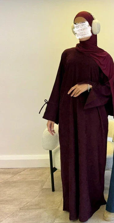 MH71 Muslim Women Corduroy Winter Abaya – Warm Modest Maxi with Pockets