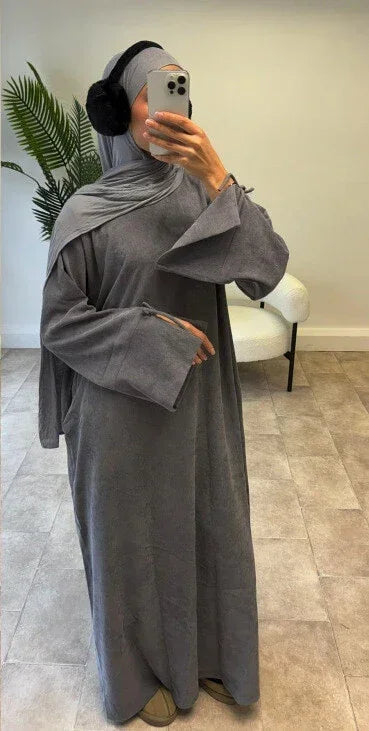 MH71 Muslim Women Corduroy Winter Abaya – Warm Modest Maxi with Pockets