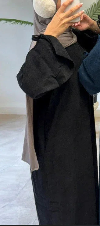 MH71 Muslim Women Corduroy Winter Abaya – Warm Modest Maxi with Pockets