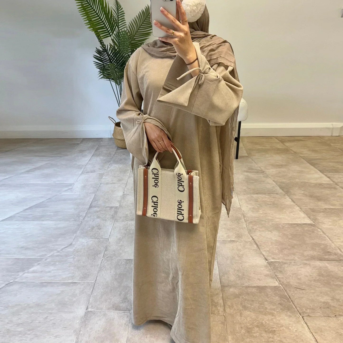 MH71 Muslim Women Corduroy Winter Abaya – Warm Modest Maxi with Pockets