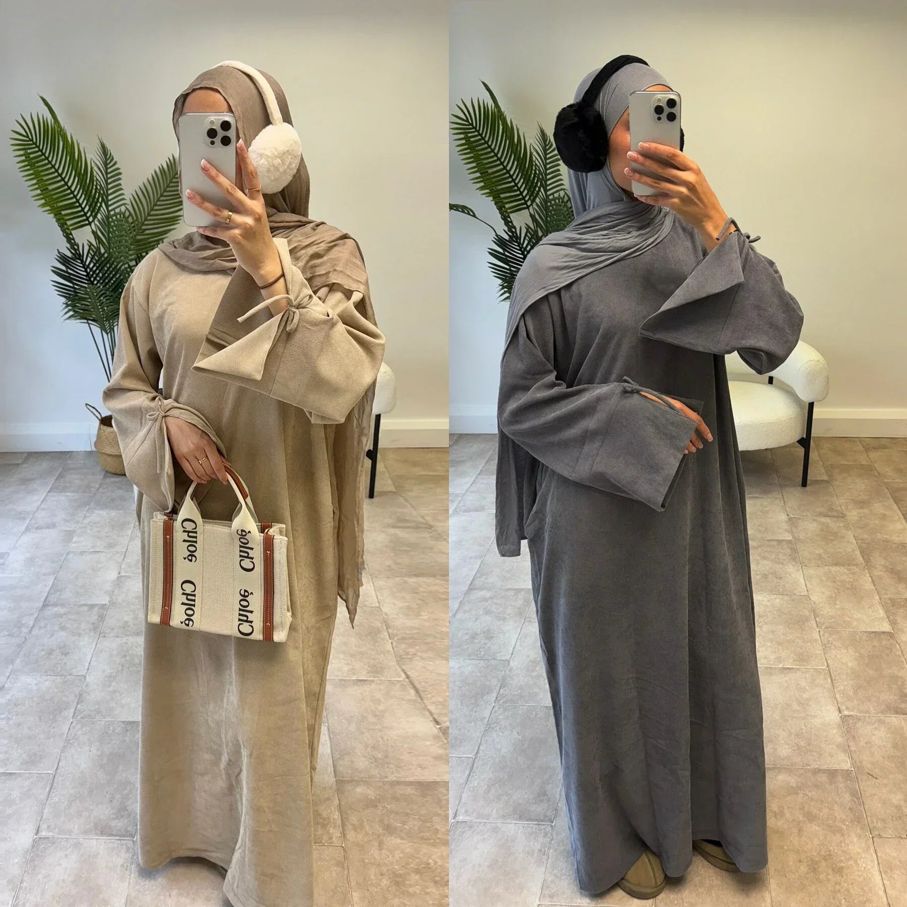 MH71 Muslim Women Corduroy Winter Abaya – Warm Modest Maxi with Pockets