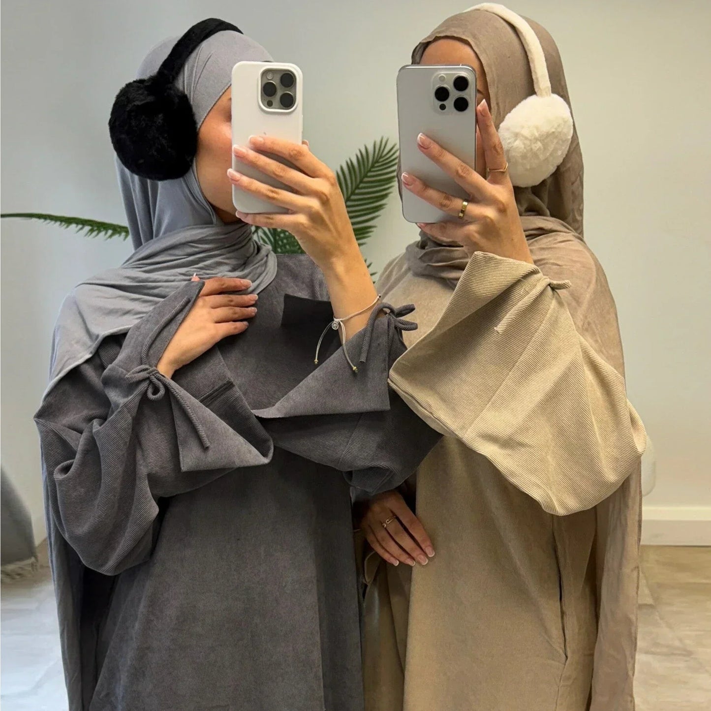 MH71 Muslim Women Corduroy Winter Abaya – Warm Modest Maxi with Pockets