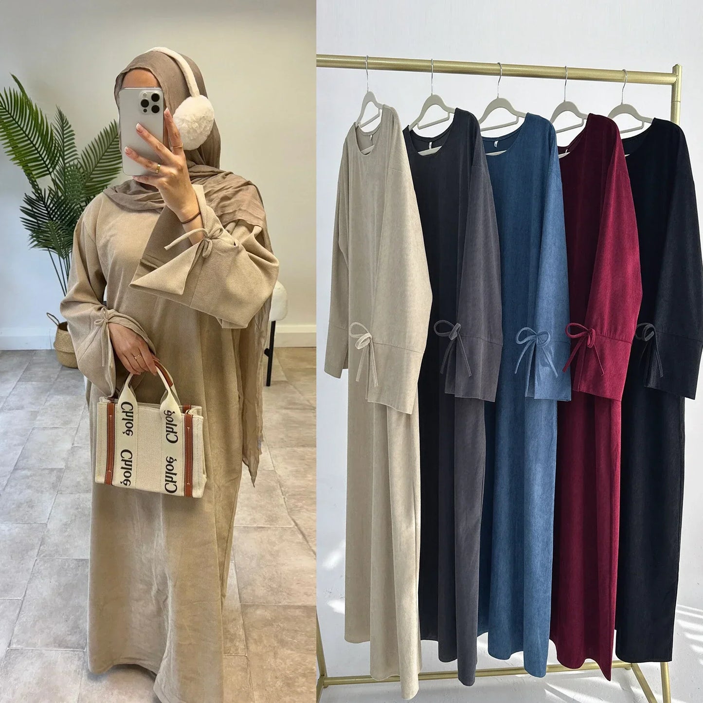 MH71 Muslim Women Corduroy Winter Abaya – Warm Modest Maxi with Pockets
