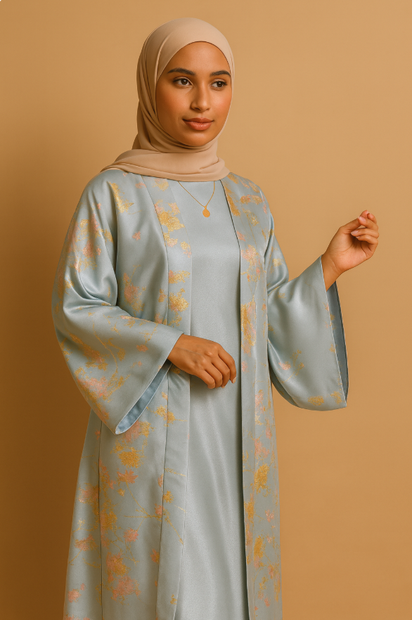 MH98 Sakura Pink Kimono Abaya – Embroidered Eid Abaya with Golden Details