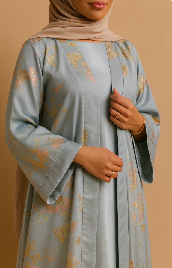 MH98 Sakura Pink Kimono Abaya – Embroidered Eid Abaya with Golden Details